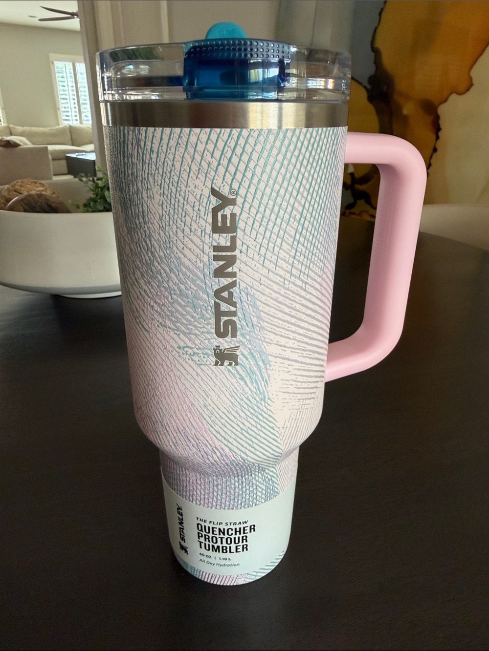 Stanley Pink and Teal Patterned Travel Tumbler with Pink Handle